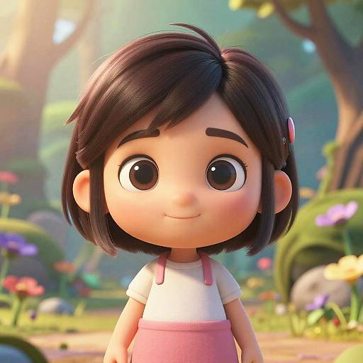 CGI cartoon of a cute, big-eyed girl with black hair, pink hair clip, white shirt, pink overalls, standing in a sunny,