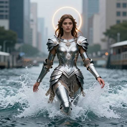 Digital art: A fierce, brunette woman in silver armor with a glowing halo walks through turbulent water in a futuristic cityscape.
