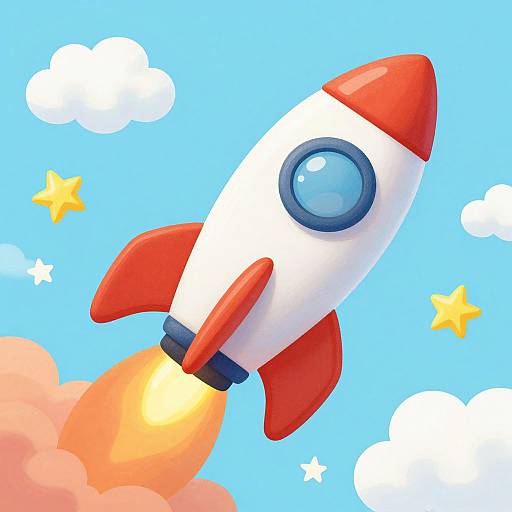 Bright, cartoon-style illustration of a red and white rocket with a blue window, blasting off with orange flames, against a blue sky with white clouds and