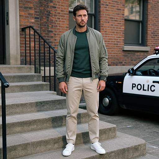 Photograph of a handsome, bearded man in a green jacket, black shirt, beige pants, and white sneakers, standing on city steps next to