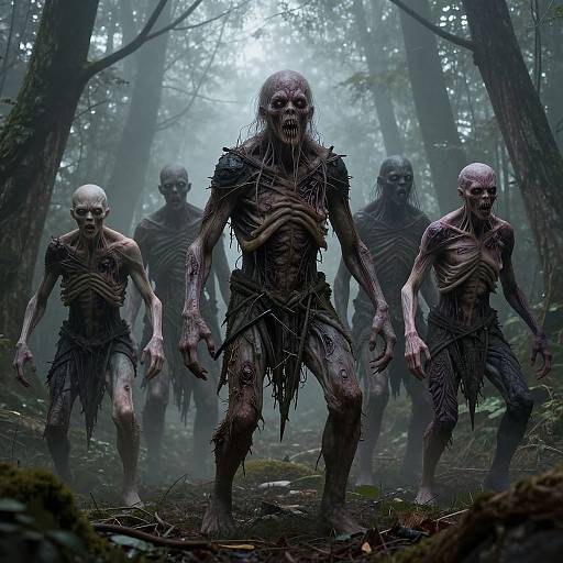 Photorealistic digital art of four eerie, skeletal, rag-clad zombies with long, tangled hair, standing menacingly in a foggy forest.