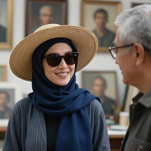 Woman in Straw Hat and Blue Hijab