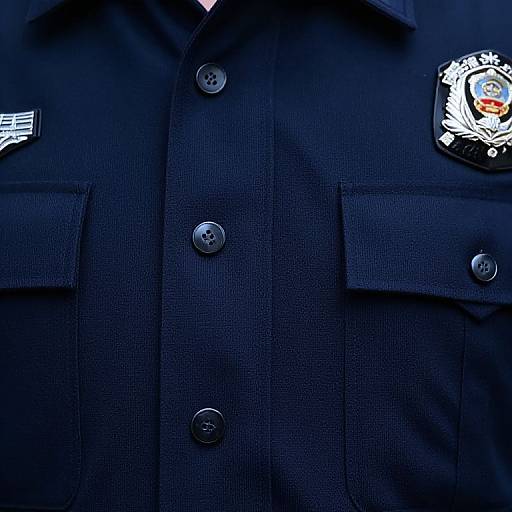 Close-up photograph of a dark blue, textured, button-up police uniform with two black buttons, a badge, and a nameplate.