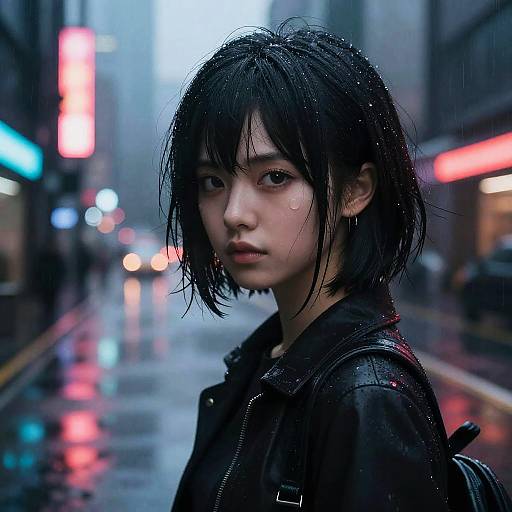 Digital artwork of a wet, short-haired Asian woman in a black leather jacket, standing in a rainy, neon-lit urban alley.