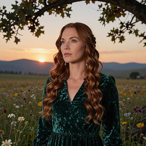 Photograph of a red-haired woman with long, wavy hair wearing a dark green velvet dress, standing in a field at sunset, surrounded by flowers