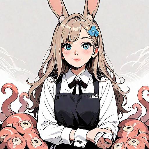 Digital anime-style drawing of a cute, blonde girl with blue eyes and bunny ears, wearing a black apron over a white shirt, surrounded by pink