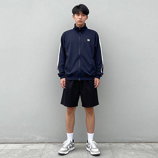Photograph of an Asian male with short black hair, wearing a black Adidas track jacket, black shorts, white socks, and white sneakers, standing against