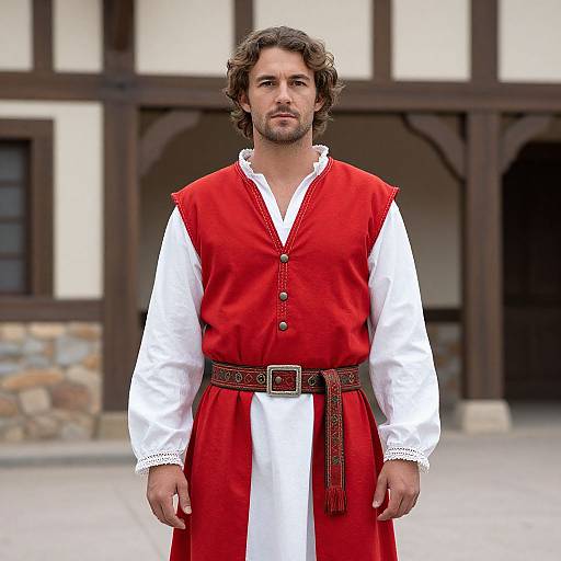 Photograph of a curly-haired, bearded man in a red medieval-style vest over a white shirt, brown belt, standing in front of a rustic