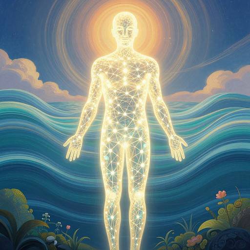 Digital illustration of a glowing, wireframe human figure standing in front of ocean waves, surrounded by colorful sea plants and flowers, with a radiant sun halo