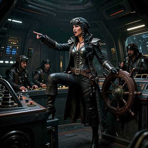 Photograph of a confident, leather-clad female pirate captain pointing, standing in a dimly lit, futuristic ship's control room with four male crew