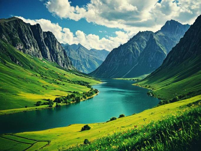 Vibrant Mountain Lake Valley Wallpaper