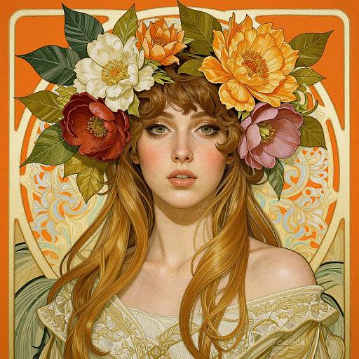 Digital illustration of a fair-skinned, green-eyed woman with long auburn hair, wearing a floral crown and an off-shoulder, lace