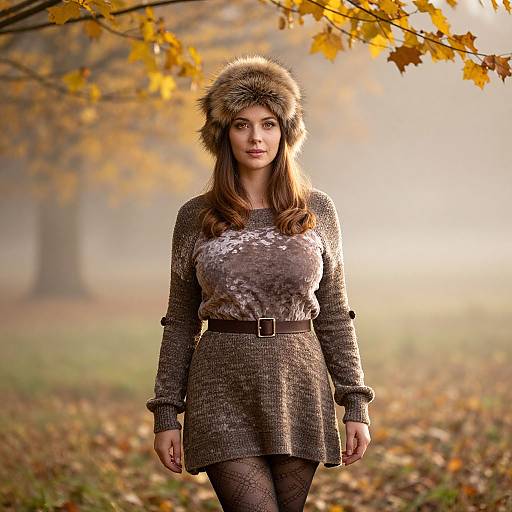 Photograph of a young woman with long brown hair, wearing a fur hat, brown textured dress, and black tights, standing in a misty