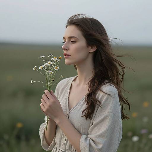 Photograph of a serene young woman with long brown hair, wearing a light gray linen blouse, holding white daisies, standing in a green,