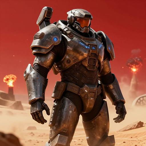 Photorealistic CGI of a muscular, armored, futuristic soldier with glowing blue accents standing in a fiery, desert-like battlefield with explosions.