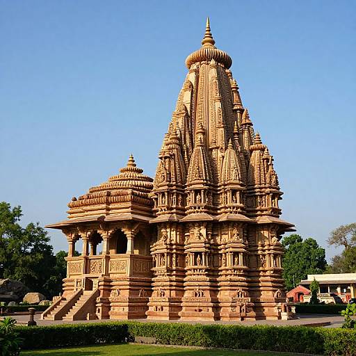 Photograph of a tall, intricately carved, red sandstone Hindu temple with multiple spires and detailed carvings, set against a clear blue