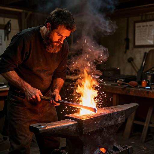 Photograph of a bearded blacksmith with a dark shirt, striking a glowing forge with sparks, in a dimly lit workshop.