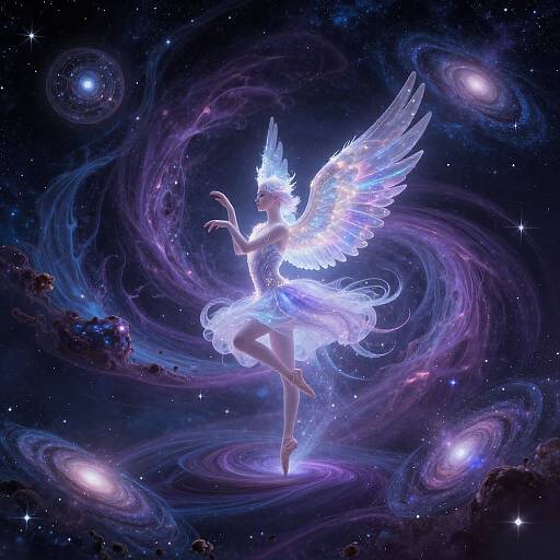 Digital art of a glowing, ethereal female angel with translucent wings and blue dress, dancing in a cosmic galaxy with swirling nebulae and stars.
