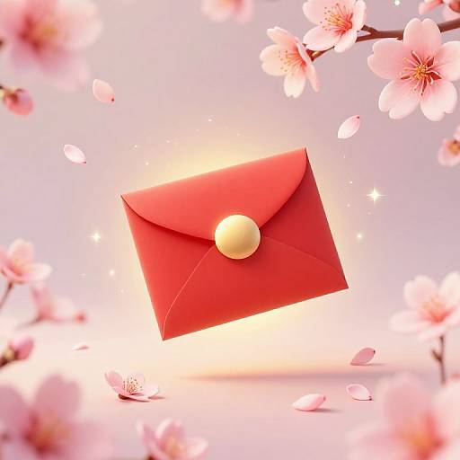 Red envelope with gold seal floating amidst pink cherry blossoms and petals, set against a soft, glowing background. Digital artwork.