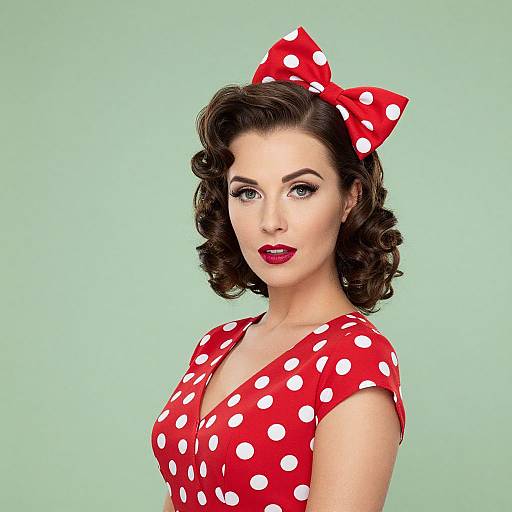 Vintage-style photograph of a fair-skinned woman with dark, wavy hair, wearing a red polka dot dress and matching bow, against a light