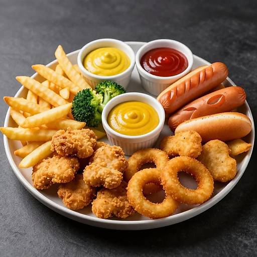 Photograph of a white plate with golden fried nuggets, onion rings, French fries, grilled sausages, broccoli, and three dips (yellow