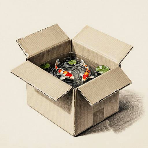 Digital illustration of an open cardboard box with swirling black water, three vibrant orange and white koi fish, and green lily pads inside.
