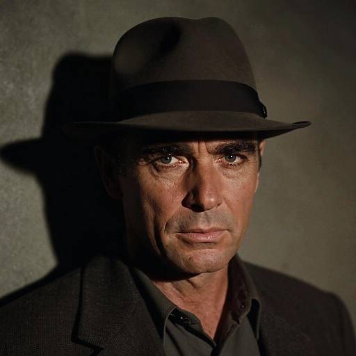 Photograph of a middle-aged man with dark skin, wearing a black fedora and black suit, illuminated from the right, casting a shadow on a