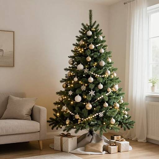 Photograph of a decorated Christmas tree with gold ornaments, white lights, and pearls, next to a beige sofa and wrapped gifts. Sunlit window in