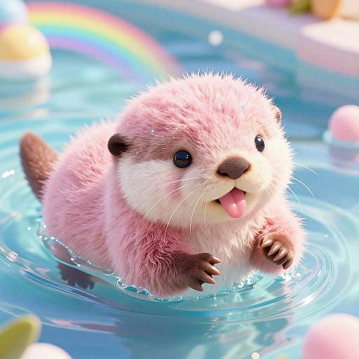 Whimsical Pink Fluffy Otter in Rainbow Pools