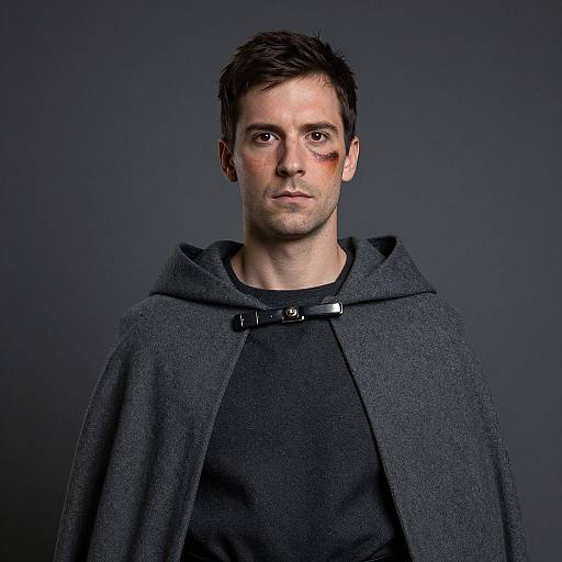 Photograph of a serious, short-haired man with a bruise on his right cheek, wearing a dark gray hooded cloak and black shirt, against