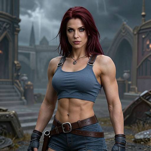 Digital art of a muscular, red-haired woman in a blue sports bra and jeans, standing in a dark, gothic ruins with cloudy sky. She