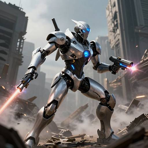 CGI image of a futuristic, silver and black robotic warrior with glowing blue eyes, firing dual guns in a ruined, smoke-filled cityscape.