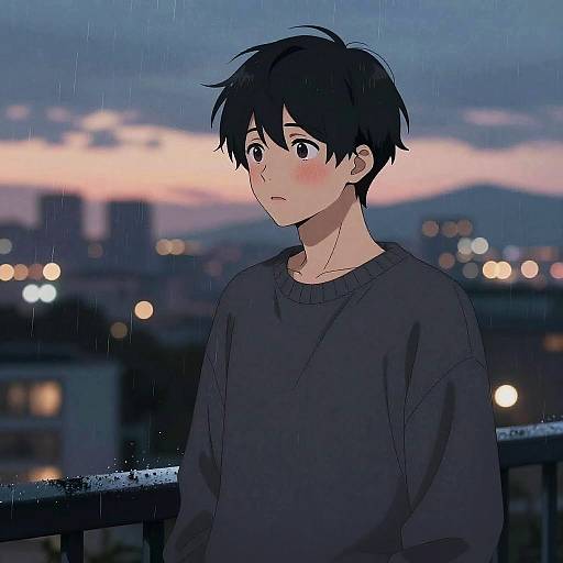 Anime-style drawing of a blushing, black-haired boy in a dark sweater, standing on a rainy balcony at twilight, city lights in the background.