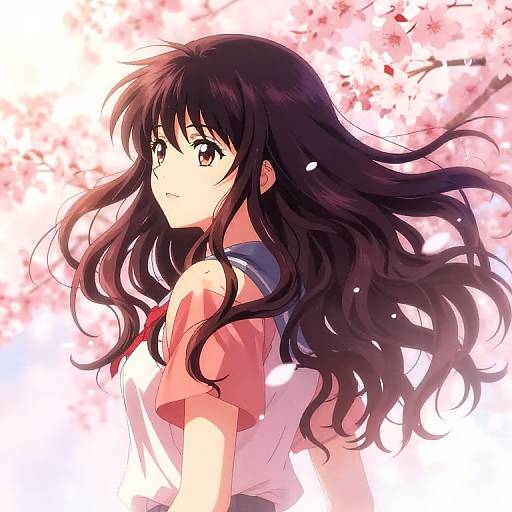 Anime-style digital drawing of a young girl with long, wavy black hair, wearing a blue and white school uniform, looking back over her shoulder,