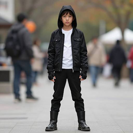 Photograph of a young Asian boy with short black hair, standing in a city street, wearing a black hooded jacket, white shirt, black pants