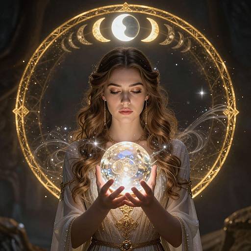 Photograph-style digital art of a beautiful woman with long wavy brown hair, holding a glowing orb, surrounded by a golden celestial circle and crescent