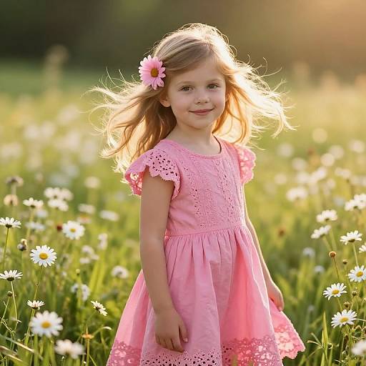 Photograph of a smiling young girl with blonde hair and a pink flower in her hair, wearing a pink lace dress, standing in a sunlit d