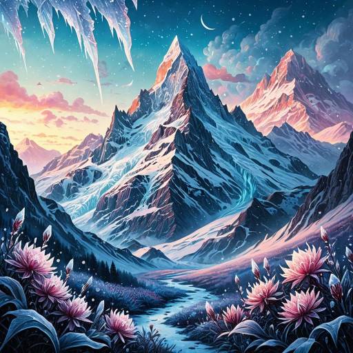 Fantasy Frosty Mountain Peak at Dawn