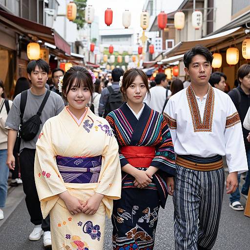 Photograph of three Japanese tourists in traditional kimonos walking down a bustling, lantern-lit street in a Japanese market.