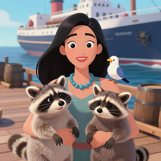 Joyful Woman with Raccoons at Sea