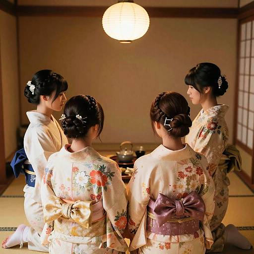 Women in Floral Kimono with Four-Strand Braid Hairstyle in Tea House
