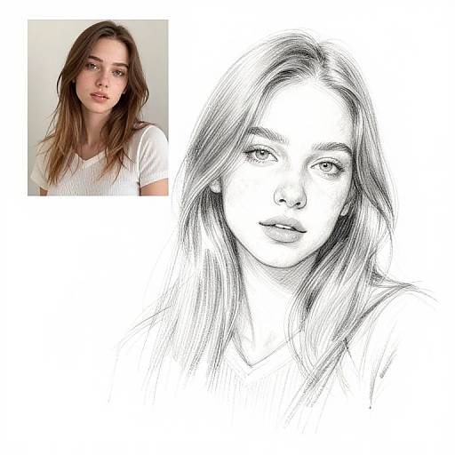 Photograph of a young woman with long brown hair in a white top, next to a detailed black-and-white sketch of her face.