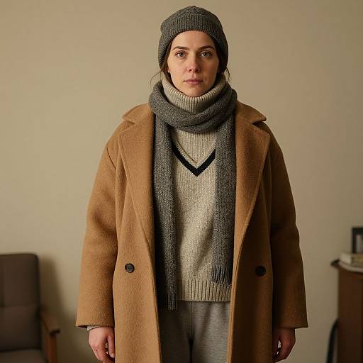 Photograph of a serious-faced woman with light skin, wearing a gray knit beanie, scarf, V-neck sweater, and brown coat, standing against