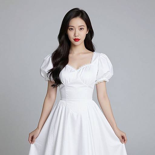Photograph of an Asian woman with long black hair, wearing a white puffed-sleeve dress, standing against a plain gray background.