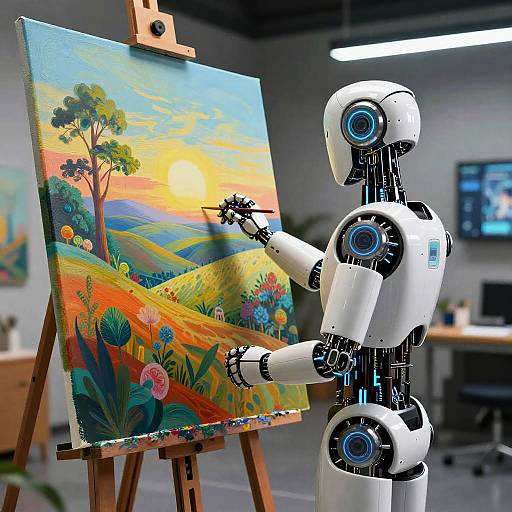AI Robot Artist Painting Surreal Landscapes
