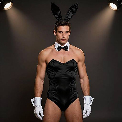 Photograph of a muscular, handsome man in a black strapless bunny suit with white gloves, bow tie, and black bunny ears, standing under spotlight