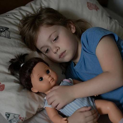 Young girl lying in bed with doll