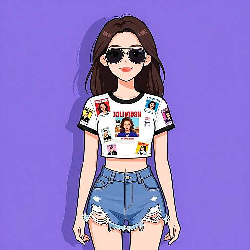 Digital illustration of a young woman with long brown hair, wearing sunglasses, white crop top with pop star images, and frayed blue denim shorts, against