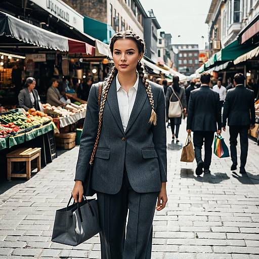 Woman in Charcoal Grey Suit at Urban Market