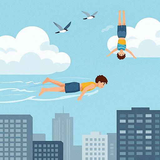 Digital illustration of two boys flying through a blue sky with clouds, wearing blue shorts and yellow shirts, above a cityscape with gray buildings. Two birds